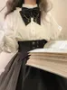 Arbetsklänningar japanska lolita söta tvåstycken set kvinnor frankrike vintage kjol kostym kvinnlig 2024 lykta ärm blus gotisk parti midi
