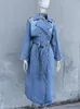 RR2418 XLong Denim Trench Coats For Women Belt On Waist Slim Jean Ladies Jaqueta Feminina Blue Jacket Woman 240319