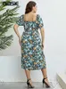 Vestidos sexy urbanos Gibsie Plus Tamaño Estampado floral Nudo Frente Puff Slive Vestido para mujer Verano 2023 Bohemian Holiday Cintura elástica SWT Split Vestido largo Y240402