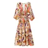 Robes décontractées Robe midi plissée florale Femme découpée longue pour les femmes manches bouffantes fête soirée froncée