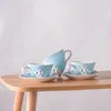 Muggar Ocean Blue Coral Shell Pattern Coffee Cup and Plate European Ceramic Milk Handmålad lättnad Underglasyrfärgad matt mugg