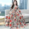 Casual Dresses 2024 Spring Long Sleeve Beach Maxi Dress Korean Fashion Chiffon Elegant Blue Tunics Floral Evening For Women