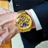 Principal de pulso Gold vintage lua fase Aluguel automático para homens turbilhão esqueleto de mãos luminosas relógios mecânicos tira de aço