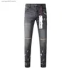 Herr jeans heta nya mode 2024 smala 1 1 jeans lila märke höst och vinter jeans hög strt rippad grå färg T240402
