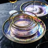 Wine Glasses Dazzle Color Painted Gold Glass Bowl Dish Transparent Hammer Grain Plate Salad Fruit Western Food