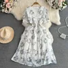 Party Dresses Summer Gentle Wind Retro Chinese Style Bubble Short Sleeve V-Neck spänne A-Line Vestidos Printed Chiffon Dress