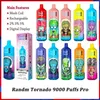 Original RandM Tornado 9000 Pro avec affichage numérique Puff 9K Bobine de maille de vape jetable Cigarettes électroniques rechargeables 0% 2% 3% 5% Vaper Fumot Vapes Pen 52 Saveurs Envoi rapide