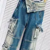 Damenjeans LUXEENVY Fade Color Worn Multi Pocket High Waist Unregelmäßige Arbeitskleidungshose 2024 Herbst