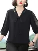 Frauen Frühling Sommer Stil Blusen Tops Dame Casual Fliege Colloar Halbe Spitze Hülse Lose Blusas Tops DF4275 240321