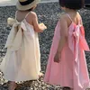 Fashion Baby Girl Princess Cotton Belt Dress Bow Baby Hanging Vestido Solid Summer Baby Clothing 1-10Y 240402