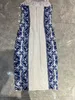 Robe femme bleu et blanc porcelaine imprimée soie taille froncée robe midi