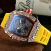 138 6-stift Luxury Richard New Men's High Quality Diamond Quartz Watch Hollow Glass Back rostfritt stål Fall titta svart gummi högkvalitativ modeklocka