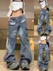 Calças de brim femininas em linha reta retro cintura baixa baggy lavado multi bolso hip hop todos os jogos mulheres largas perna calças de carga streetwear