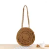 Borsa alla moda con gancio a mano, rotonda, a spalla singola, in paglia, intrecciata cava, da spiaggia, piccola borsa a tracolla da donna