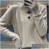 Pulls pour femmes Pull en cachemire à trois boutons Coupe ample Torsadée Base florale Col à manches longues tricoté en couleur unie Drop Livraison Appa Dhkt6