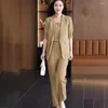 Active Sets 2024 Autumn Vintage Hollow Short Sleeve Jacket With Tank Top Casual Pants Three Piece Elegant Women's Suit Office Set