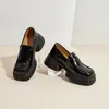 Casual Shoes Chunky Loafers Women äkta ko läder fyrkantig tå rutig dekoration platt handgjorda AC1024