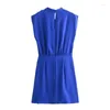 Casual Dresses Blue Short For Women Pleated Sleeveless Mini Dress Woman Wrap Simple And Elegant Formal Summer Party