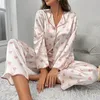 Accueil vêtements femmes printemps Satin coeur imprimé Pyjamas ensemble de vêtements de nuit Pijama costume femme deux pièces vêtements de détente pour femmes