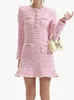 Casual Kleider Frauen Rundhals Rosa Tweed Mini Kleid 2024 Frühling Rüschen Süße Damen Langarm Plaid Stricken Robe