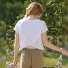 Женские футболки, льняные свободные короткие топы с квадратным вырезом для женщин, лето 2024, женская однотонная футболка с разрезом сзади и пуловером с рукавами