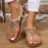 Sandals Clip Toe Bohemian style womens sandals fashionable mixed color pearl Roman sandals womens 2023 new flat shoes anti slip beach shoes J240402