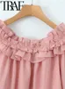 Kvinnors blusar 2024 Spring Pink Elegant Women Off Shoulder Blus Ruffled Edge Female Casual Slim Short Shirt Y2K Crop Top