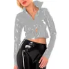 Kvinnorjackor Glossy Leather Jacket dragkedjor Spring Shiny Faux Stand Collar Crop Top Motor Biker Kort rockar Kvinnliga PVC -toppar