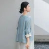 Ethnische Kleidung 2024 Frühlingsfrauen Chinesische Rundhalsplatte Schnalle Jacquard Bluse Blauer Tang-Anzug Hanfu Art Division Weibliches Kleid