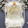 Женские блузки Французская шикарная женская блузка Модные 3D цветочные длинные пышные рукава с отложным воротником на шнуровке Осенние возрастные женские топы 677