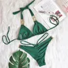 Kvinnors badkläder Deka Solid Green Rhinestones Bikini Set Women Push Up Glitter Diamond Swimsuit Chain Bathing Suit Luxury Thong