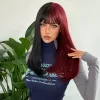 Peruklar Siyah ve Koyu Kırmızı Uzun Düz Sentetik Saç Patlamalı Patlamalı Cosplay Partisi Cadılar Bayramı Kadınlar İçin İki Ton Peruk Isıya Dayanıklı