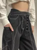 Jeans da donna Gamba larga nera gotica con cintura Pantaloni da donna in denim accademico scuro Pantaloni hip-hop streetwear grunge punk