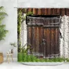 Shower Curtains Vintage Old Door Window Curtain Set Retro Stone Wall Barn Farmhouse Home Decor Bathroom Hooks Polyester Fabric