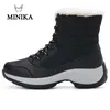 Sapatos de caminhada minika botas de inverno para mulheres sólidas macias fofas redondo dedo dedo dedo dedo botas mujer tornozelo sapato