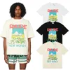 Designer T-shirt RHUDE Tees Castle Coconut Tree Windowsill Scenery Double Yarn Pure Cotton Casual Loose Short Sleeve T-shirt Men Women T Shirt