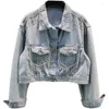 Kvinnans jackor 2024 Spring Denim Jacket Korean Paljett Tassel Jeans Coats Heavy Duty Industrial Diamond Short Sleeve