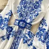 Casual New 2024 Dresses Fashion Runway Red And White Porcelain Dress Women's Stand Long Lantern Sleeve Blue Floral Print Shirt Robe Vestidos 2024