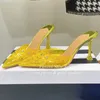 Tofflor sexiga pvc clear mule kristaller punkterna tå skor kvinna transparent höga klackar fest strass sandaler kvinnor