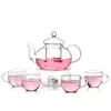 Juego de té de kung fu de vidrio resistente al calor con tetera con filtro y juego de tazas de té, tetera de flores transparente, venta al por mayor