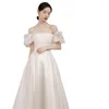 Party Dresses White Satin Evening Dress Princess Puff Sleeve Square Collar Simple Wedding Elegant Backless Lace Up Cocktail Gown
