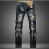 Men Ripped Denim Trousers Fashion Casual Jeans Regular Fit Straight Pants Vintage Dark Blue Color Male Plus Size 240323