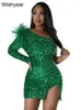 Casual Dresses Wishyear Sexig paljett Glitter Födelsedag en axel Bodycon Mini Dress for Women Feather Long Sleeve Slit Party Night Club