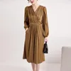 Casual Dresses 2024 Winter And Autumn Women Long Sleeve Warm Fashion Ladies Brown Silk Velvet V-Neck Dress