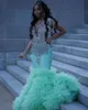 Mint Green Luxury Mermaid Evening Birthday Dresses For Black Girl 2024 Sparkly Diamond Tassle Prom Gown Robe Bal De Luxe
