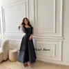 Simples preto vestidos de baile pescoço quadrado formal vestido de noite miçangas manga longa saudita árabe cetim vestido de festa para mulher 240320