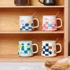 Tasses Ins dessin animé damier treillis Animal tasse en céramique avec couvercle tasse café étudiant enfants petit déjeuner japonais