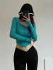 Mulheres Camisetas Verão TVVOVVIN 2024 Moda Sexy Botão Elástico Manga Longa T-shirt Curto Slim Underlay Top Vestindo Menina UE7N