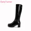 Boots Winter New Glossy Black Purple Women Mid Calf Platform Boots 2 inch Heels Lady Nude Shoes Plus Small Big Size 10 30 43 48