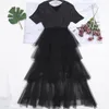 Abiti casual Donna Estate Scollo a V Bling Paillettes Abito da ballo Increspature Abito in tulle Lady Elastico Sottile Maglia Garza Pieghettato Strato Torta Midi